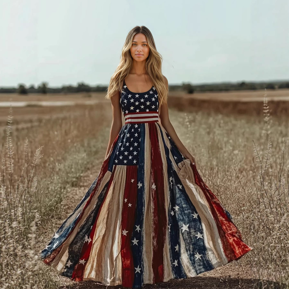 Flag Element Bohemian Suspender Maxi Dress