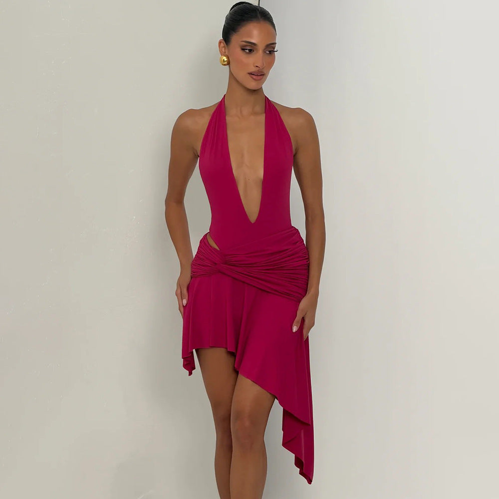 Women Clothing Holiday Seaside Sexy Girl Cropped Outfit Twist Design Deep V Plunge neck Halter Backless Hip Skirt