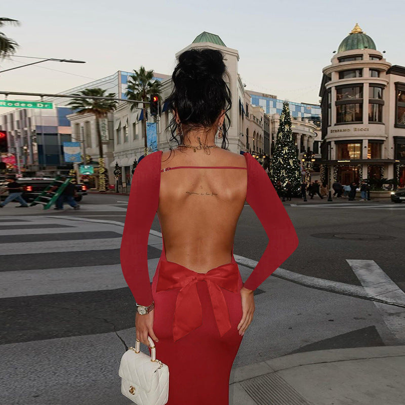 Long Sleeve Scoop Back Backless Bow Back Bodycon Maxi Dress