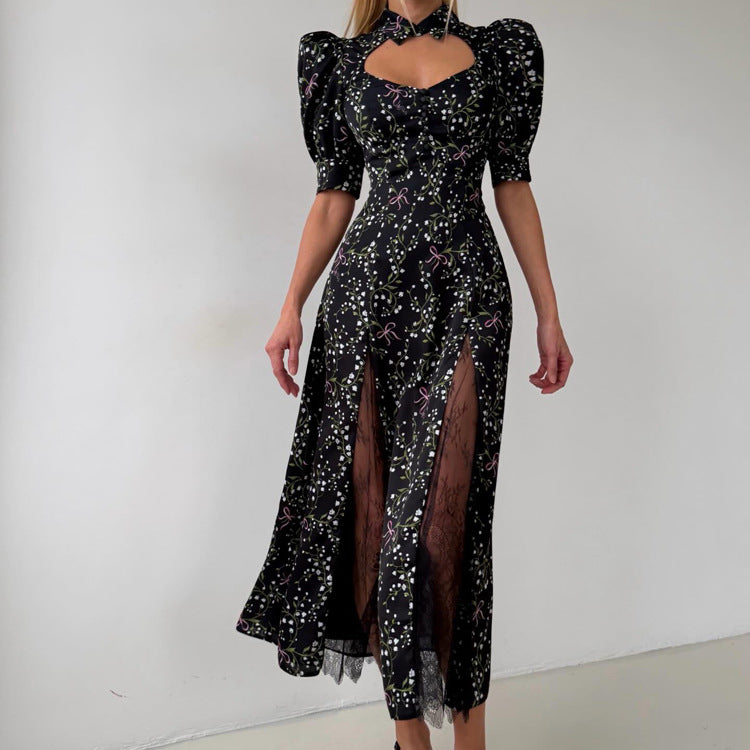 Lace Stitching Hollow Out Cutout out Elegant Dress Women Polo Collar Short Sleeve Printed Dress