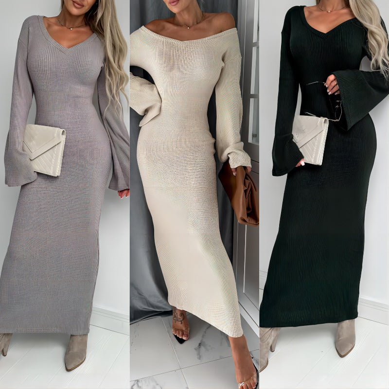 Autumn Winter Knitted V neck Long Sleeve Elegant Thick Maxi Dress Women