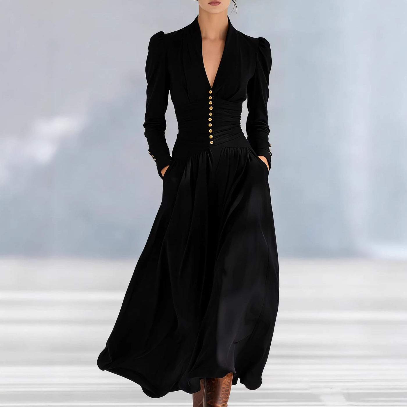 Deep V-Neck Puff Sleeve Ruched Satin Maxi Dress 3