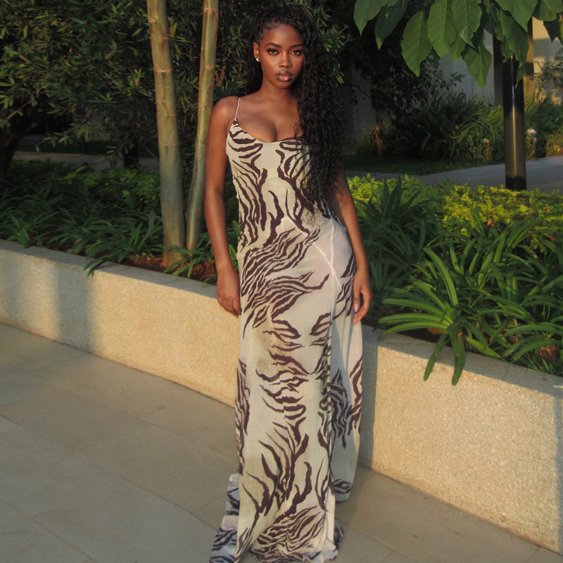 Summer Autumn Women Wear Office Hiking Slim Fit Cami Dress Color Matching Soft Brown Pattern Maxi Dress