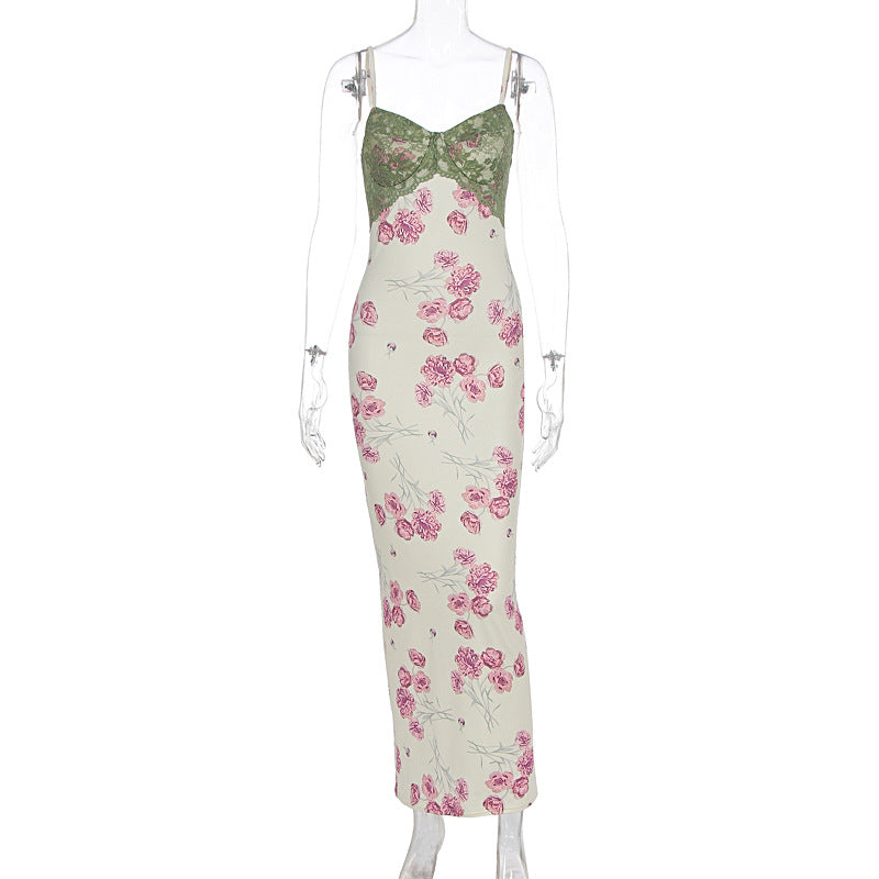 Floral Print Lace Bust Spaghetti Strap Bodycon Maxi Dress 2