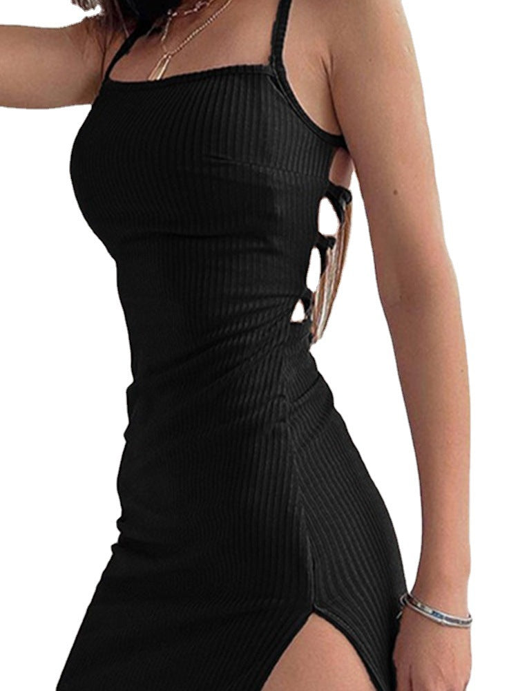 Ribbed Knit Square Neck Spaghetti Strap High Split Bodycon Maxi Dress 4