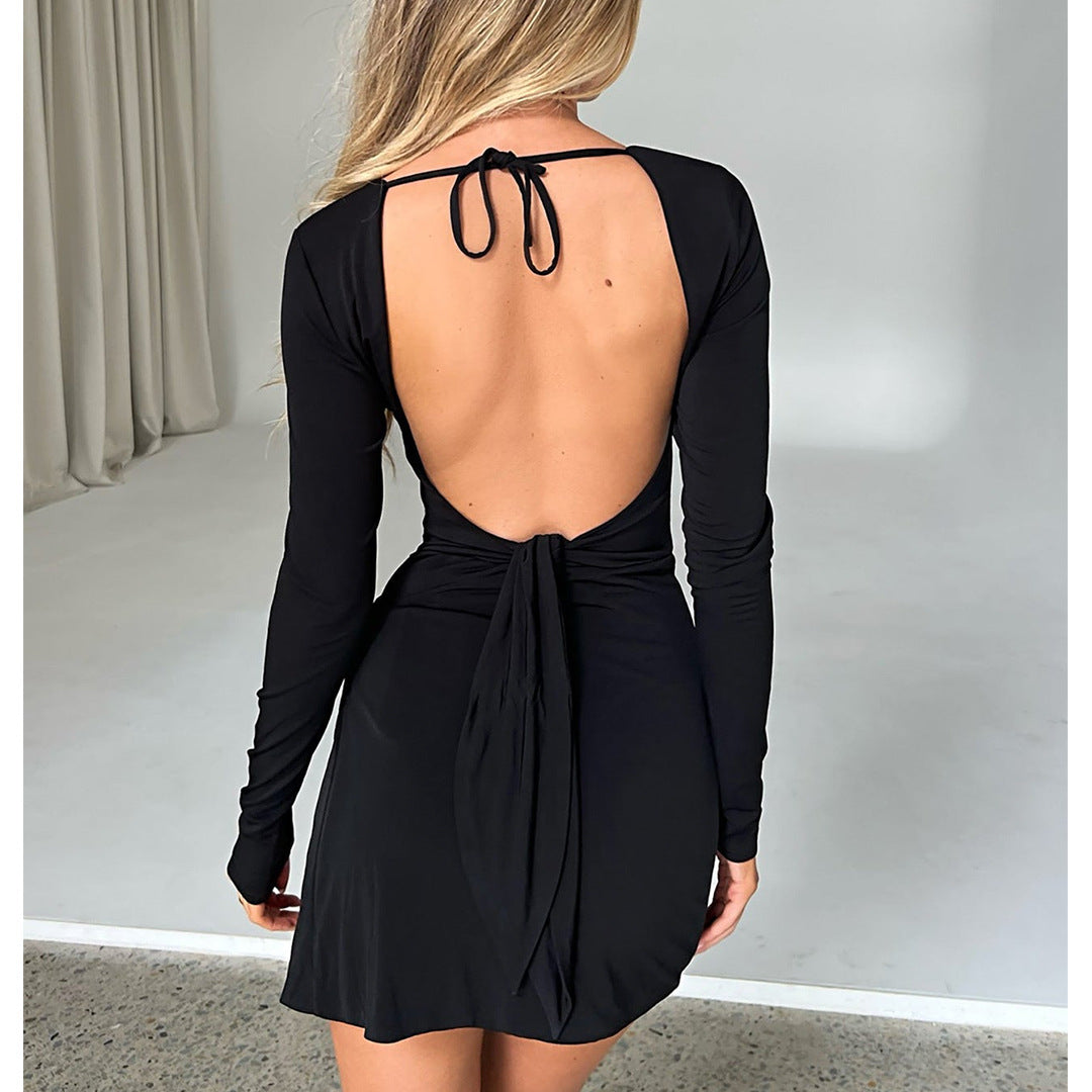Long Sleeve Open Back Tie Neck Wrap Waist Bodycon Mini Dress