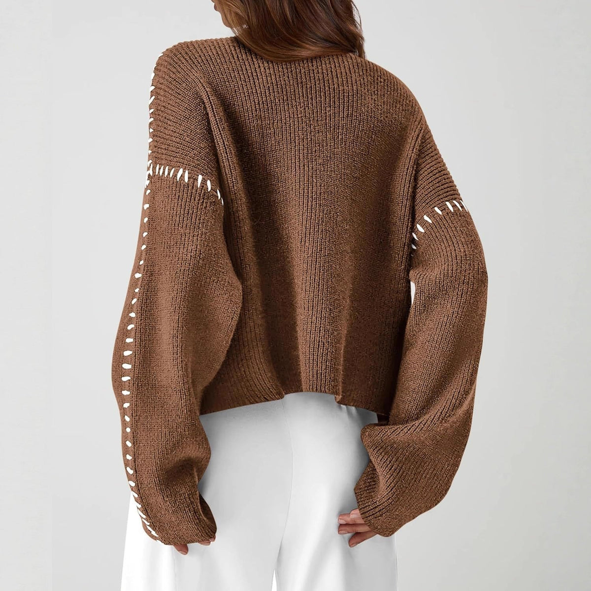 Mock Neck Whipstitch Trim Drop Shoulder Sweater