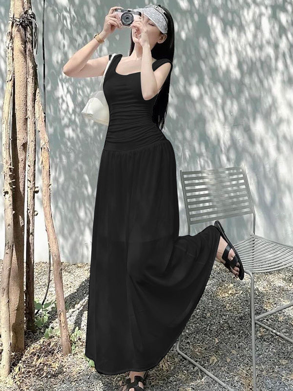 Square Neck Sleeveless Fitted Bodice Drop Waist Flowy Maxi Dress 3