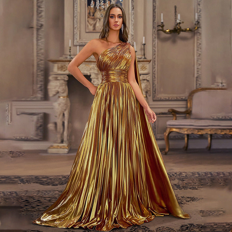 Graceful Retro Pleated Dress Summer Sexy Sloping Shoulder Backless Sleeveless Maxi Dress Women