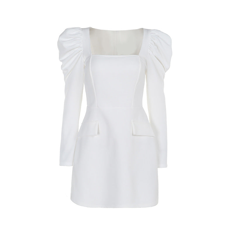 Square Neck Puff Shoulder Long Sleeve Flap Pocket Mini Dress 3