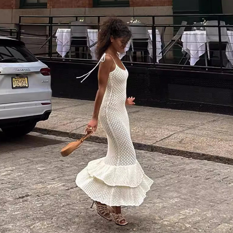 Hollow Out Cutout out Camisole Bohemian Beach Wooden Ear Knitted Sling Tiered Ruffle Maxi