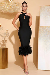 Avery Black Feather Bandage Midi Dress