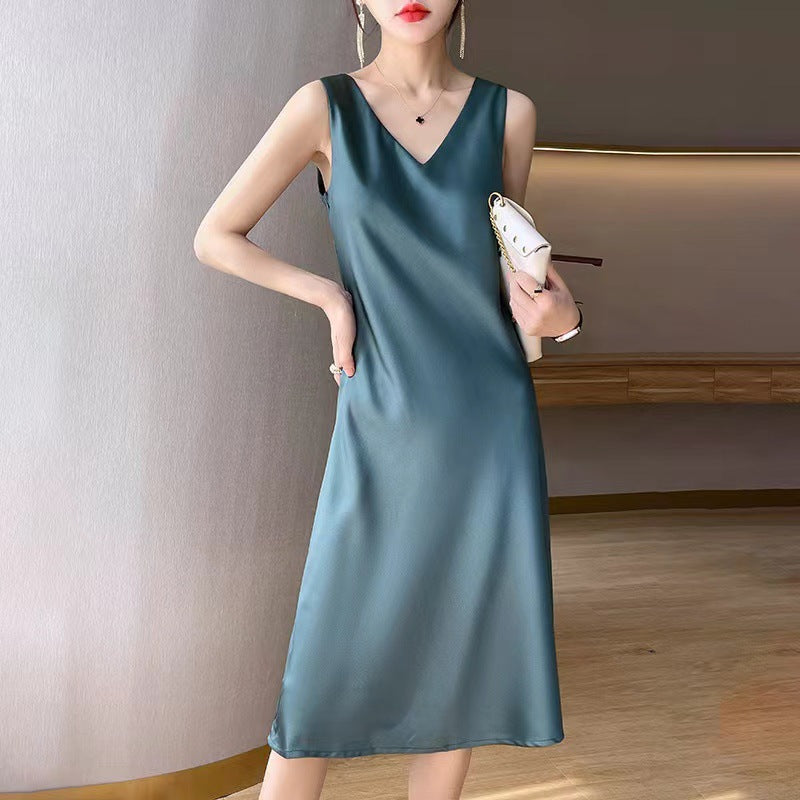 Satin V-Neck Sleeveless Wide Strap A-Line Midi Dress 4