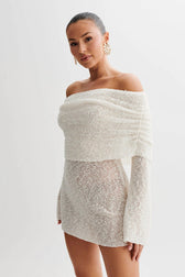 Sheer Knit Off-Shoulder Long Sleeve Mini Dress