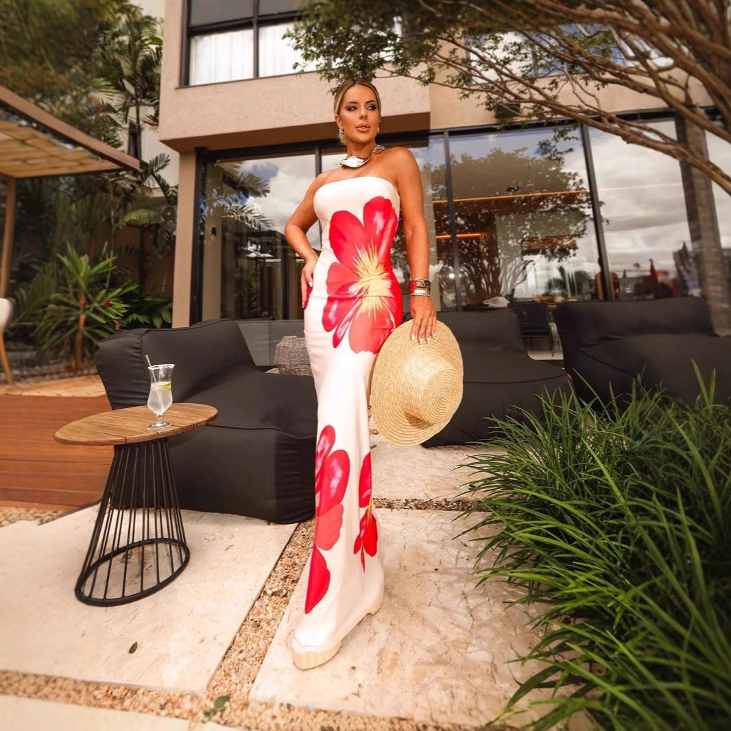 Large Floral Print Strapless Tube Column Maxi Dress