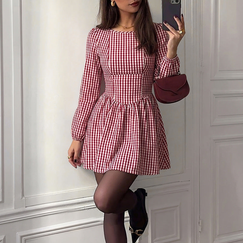 Gingham Crew Neck Long Sleeve Corset Waist Fit and Flare Mini Dress 2