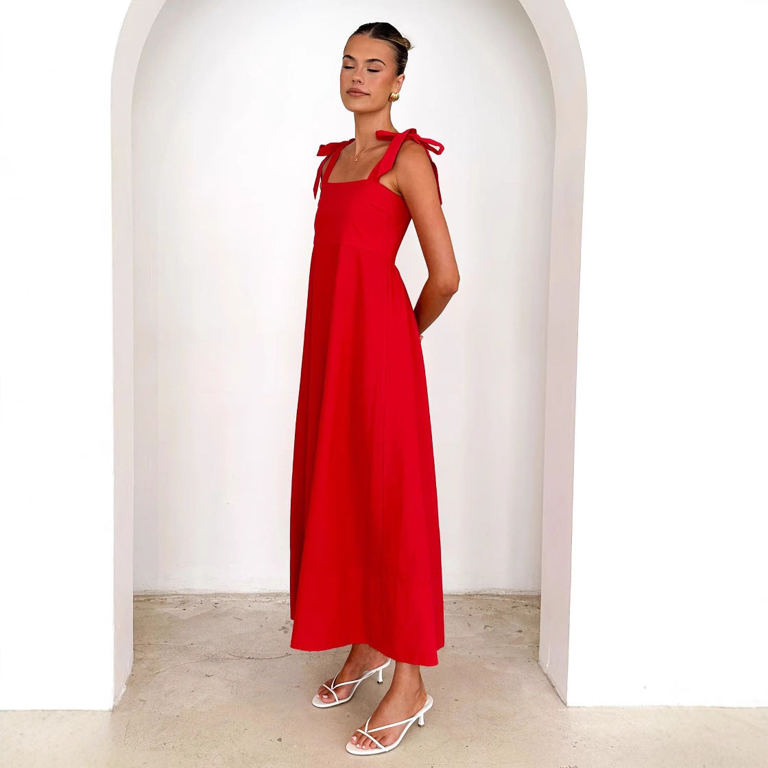 Square Neck Bow Tie Strap Sleeveless A-Line Maxi Dress 2