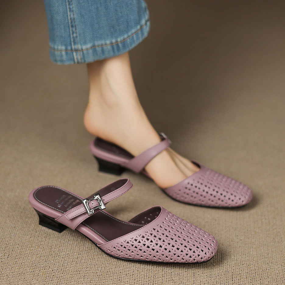 Square Toe Cut Out Buckle Block Heel Mules