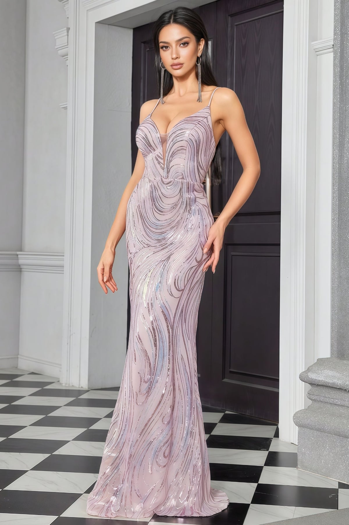 Swirl Sequin Plunge V-Neck Spaghetti Strap Mermaid Maxi Gown 2
