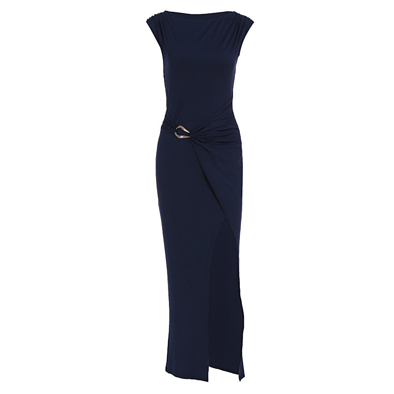 Boat Neck Cap Sleeve Buckle Twist Wrap Asymmetric Midi Dress 3