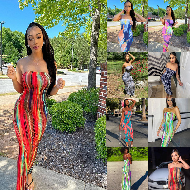 Vertical Stripe Print Strapless Tube Bodycon Maxi Dress 4