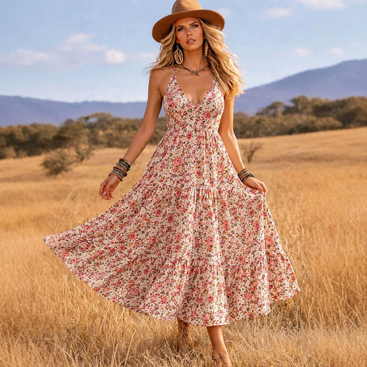 Floral Print V-Neck Cami Tiered Flowy Midi Sundress 2