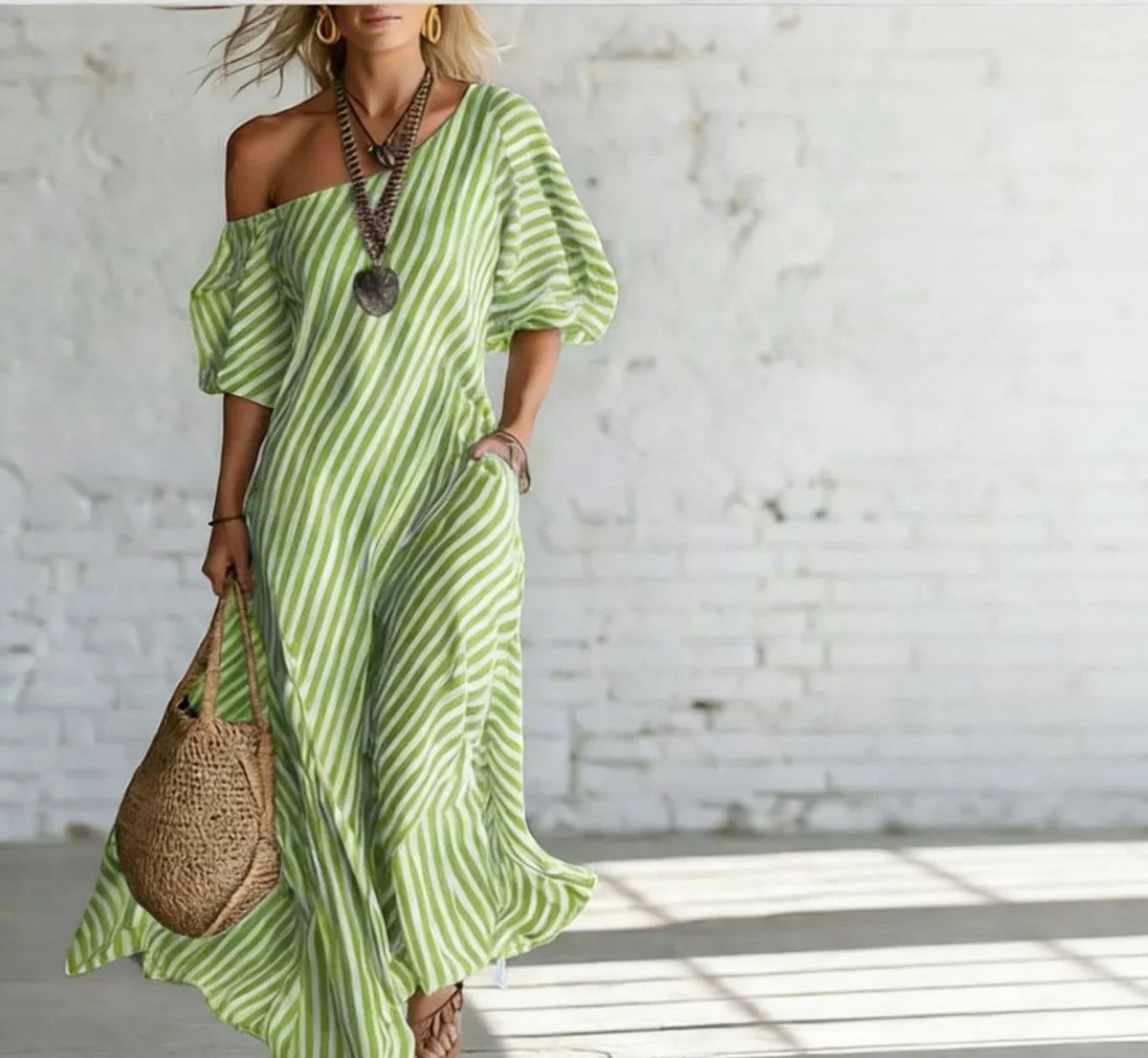 Striped One Shoulder Half Sleeve Loose Maxi Dress