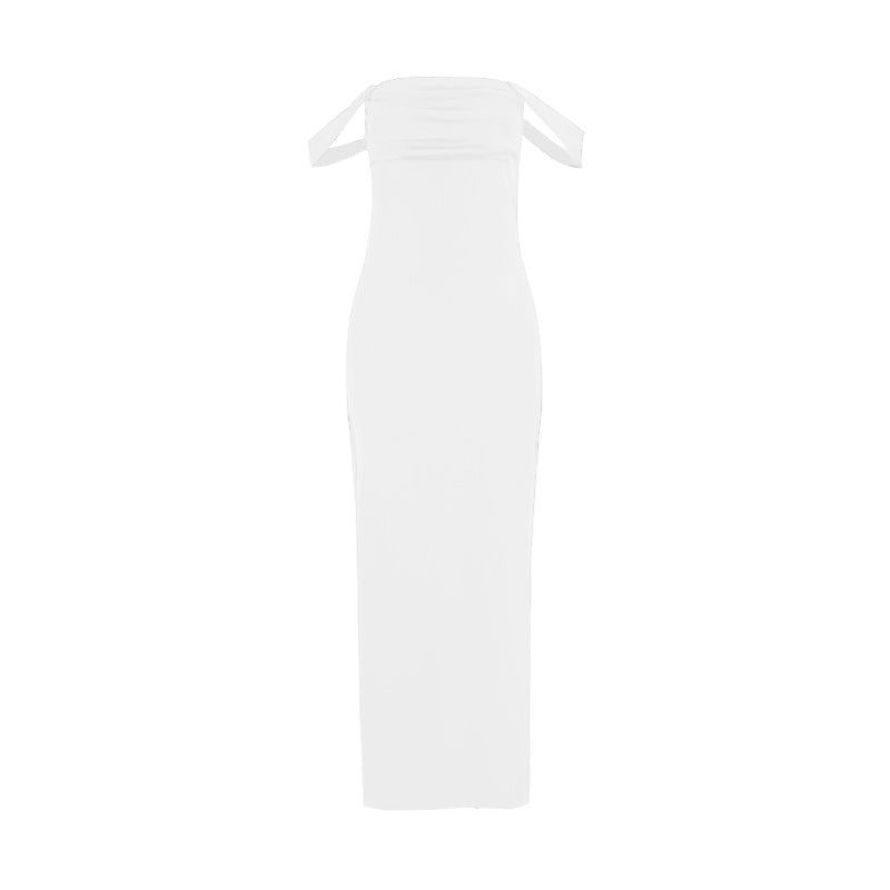 Satin Off Shoulder Draped Strap Backless Column Maxi Dress 4