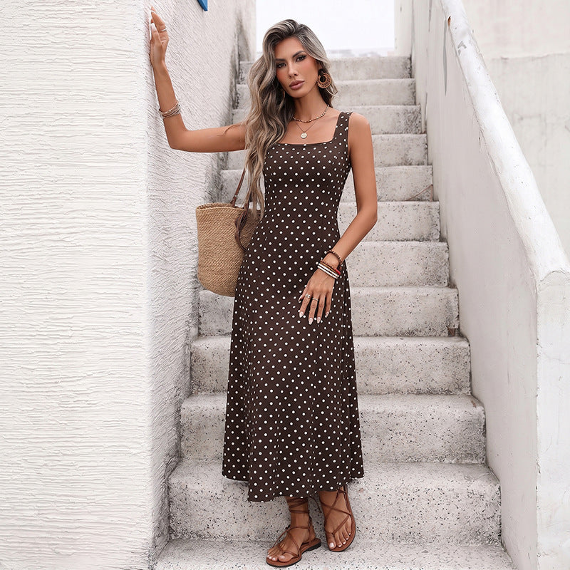 French Vintage Strap Polka Dot Square Collar Sleeveless Dress