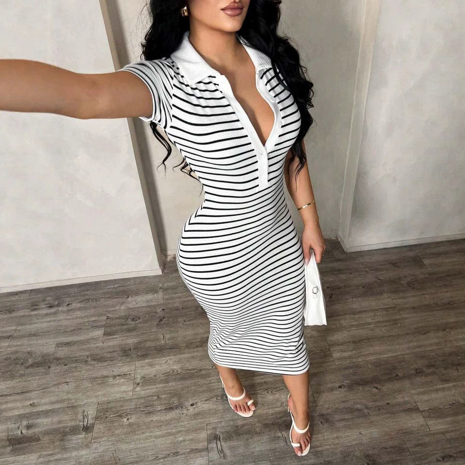 Polo Collar Striped Slim Fit Sheath Mid Length Sexy Dress