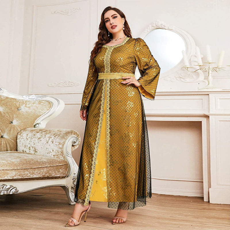 Plus Size Polka Dot Mesh Overlay Lace Trim Belted Long Sleeve Maxi Dress 2