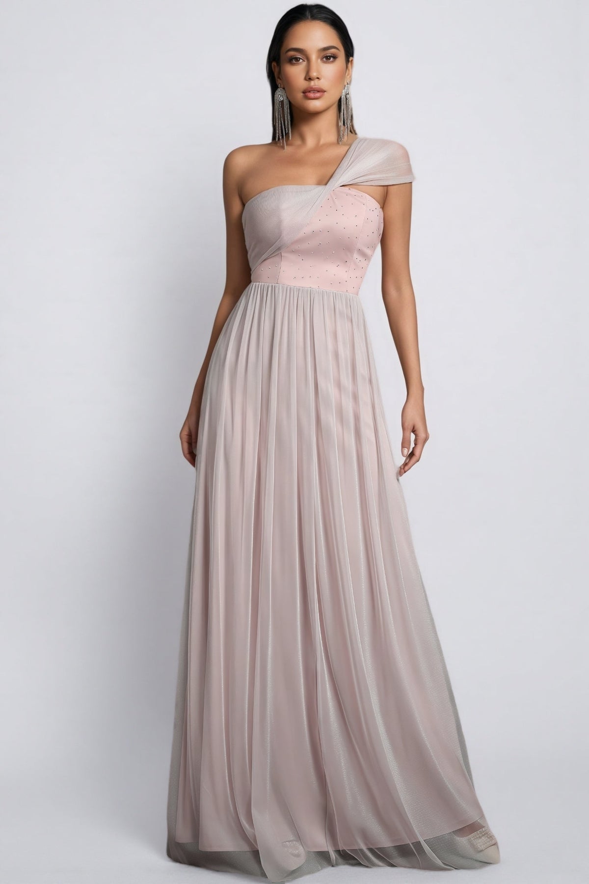 One Shoulder Twist Bust Beaded Bodice Tulle A-Line Maxi Dress 3