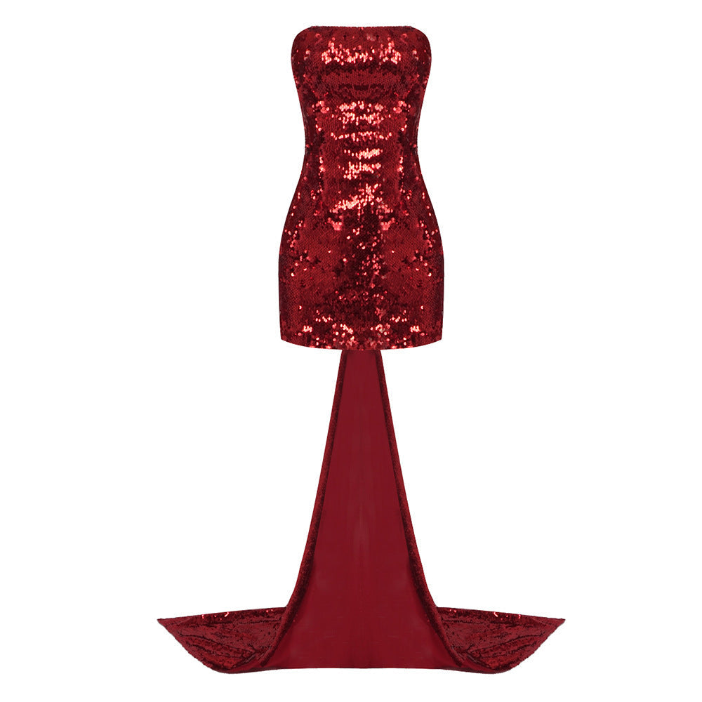 Autumn Wine Red Bow Tail Sequin Strapless Dress - View 2