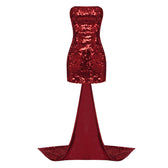 Autumn Wine Red Bow Tail Sequin Strapless Dress - View 2