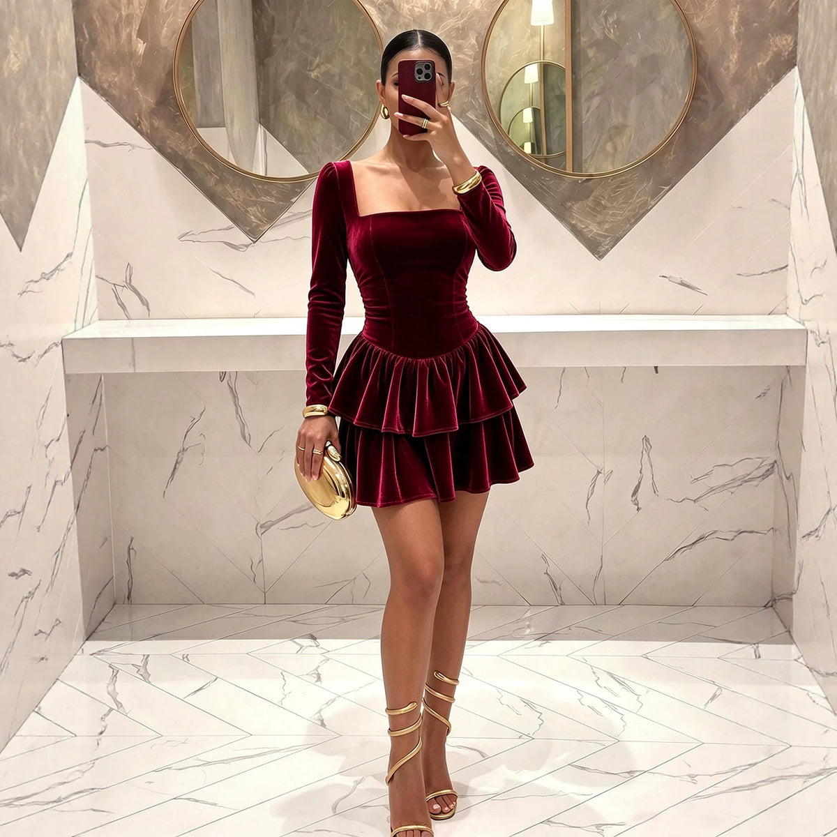 Velvet Square Collar Long Sleeve Dress Women Waist Slimming Double Layer Ruffled A line Dress