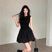 Sleeveless Knit Top Bubble Hem Mini Two Piece Set 2