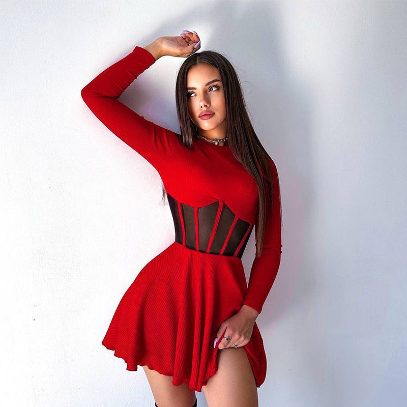 Ribbed Knit Mesh Corset Waist Long Sleeve Crew Neck Skater Mini Dress