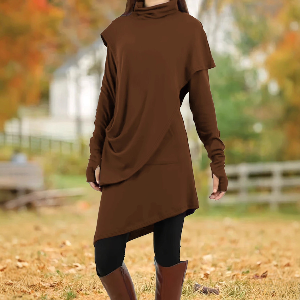 Cowl Turtleneck Draped Asymmetric Layered Long Sleeve Thumbhole Tunic Dress