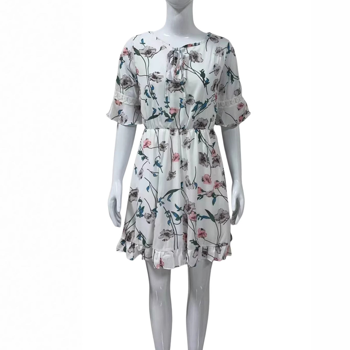Floral Print Tie Neck Flutter Sleeve Lace Trim Ruffle Hem A-Line Mini Dress 2