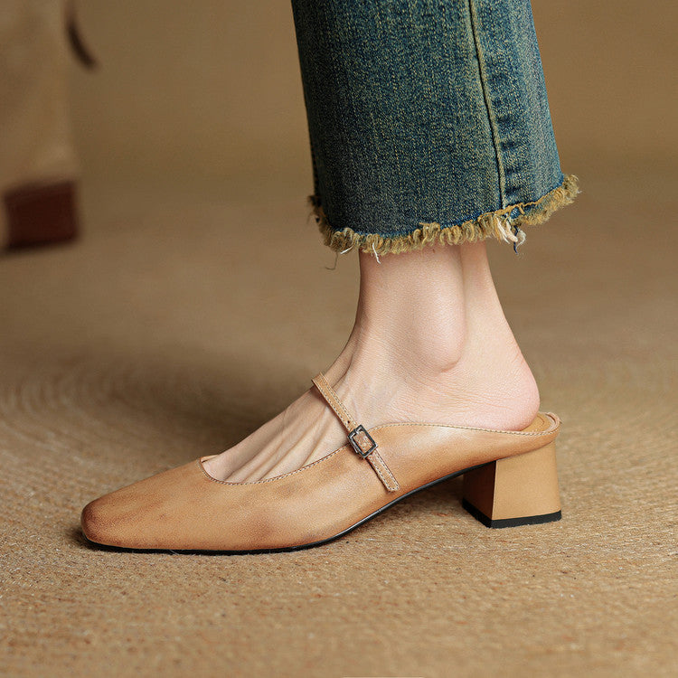 Square Toe Buckle Strap Block Heel Mary Jane Mules