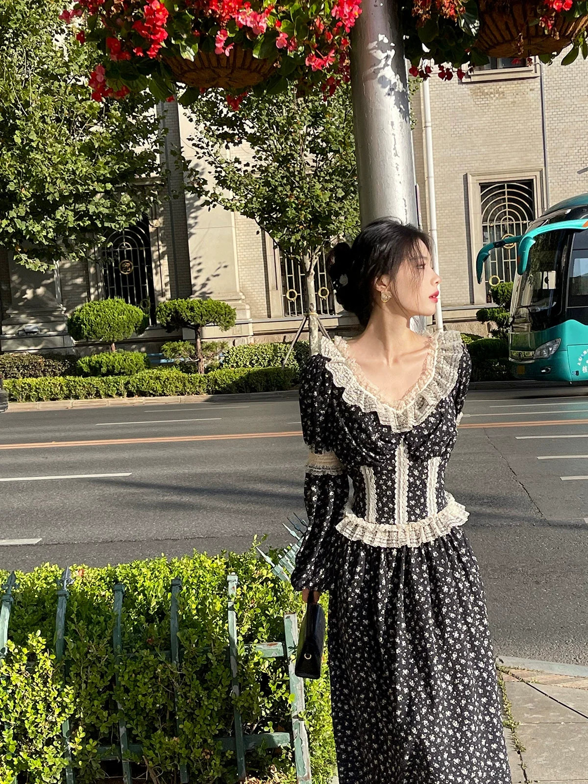 Floral Long Sleeve Lace Trim Square Neck Maxi Dress 2