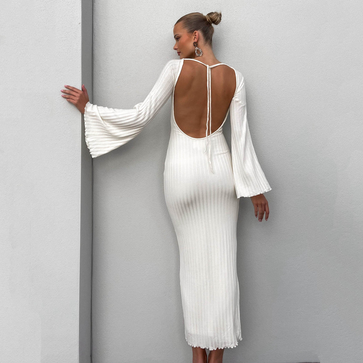 Ribbed Knit Long Bell Sleeve Open Back Tie Bodycon Maxi Dress 2
