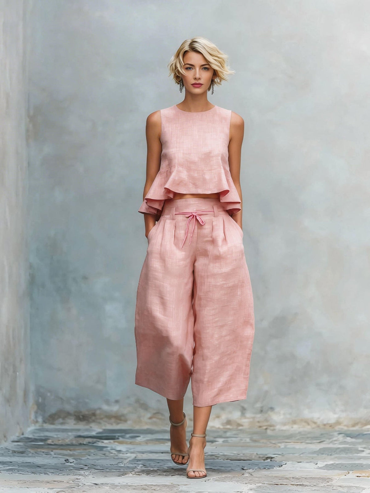 Sleeveless Ruffle Hem Top and Wide Leg Cropped Pants Two Piece Set