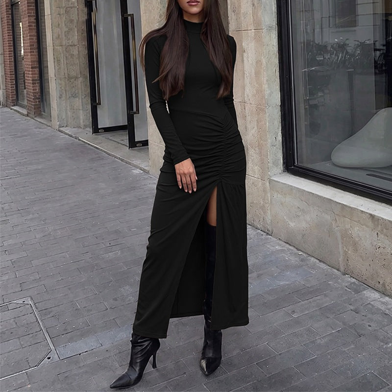 Autumn Winter Knitted Inner Match Sheath Long Dress Bottoming Half Turtleneck Split Long Sleeve Dress Women