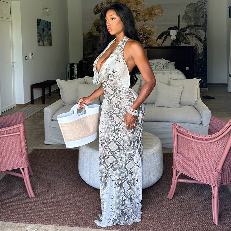 Snakeskin Print Halter Cowl Neck Open Back Maxi Dress 3