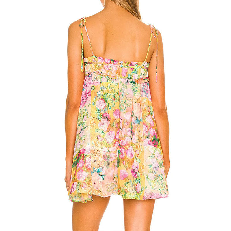 Floral Print Tie Strap Ruffle Trim Tiered Babydoll Mini Dress 2