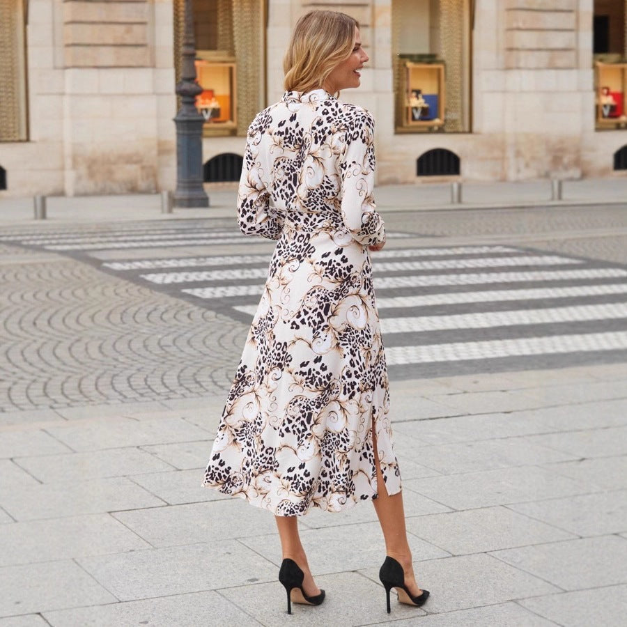 Leopard Print Long Sleeve Satin Wrap Midi Dress 3