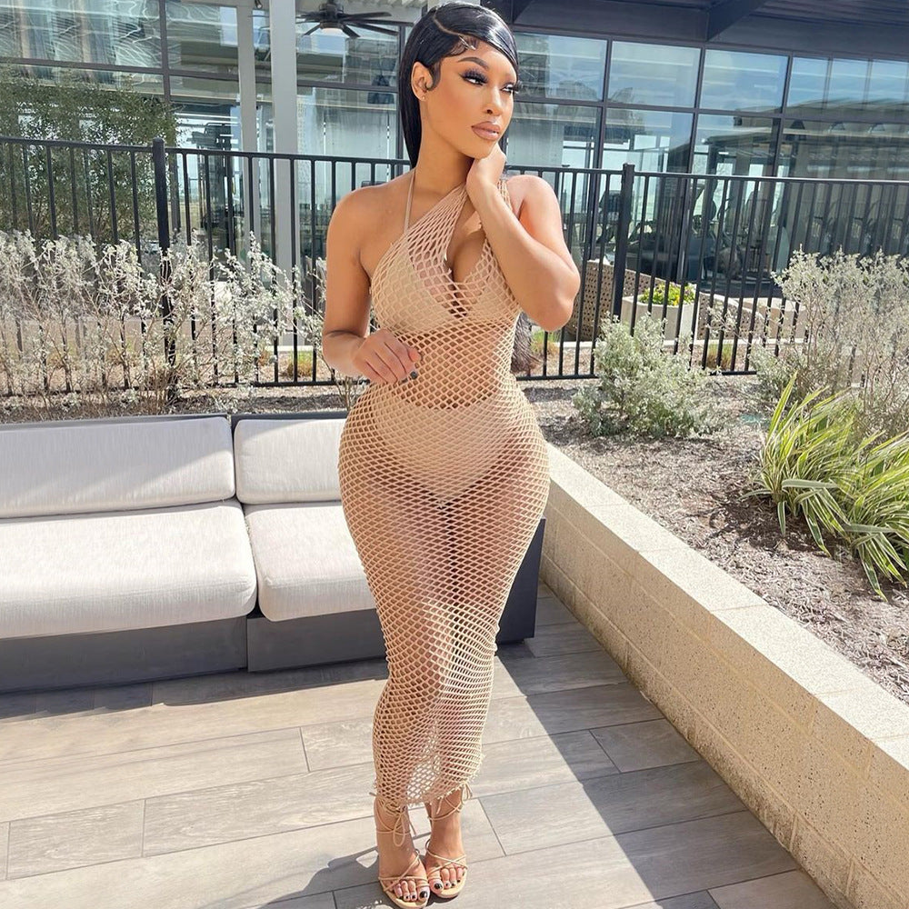 Fishnet Knit Halter Neck Sheer Bodycon Midi Dress