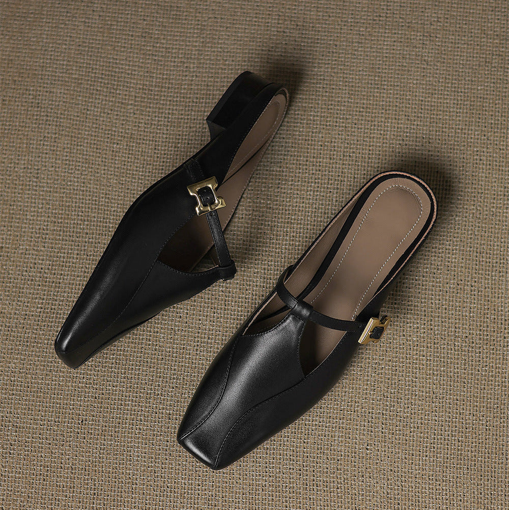 Square Toe Buckle Strap Low Block Heel Mules