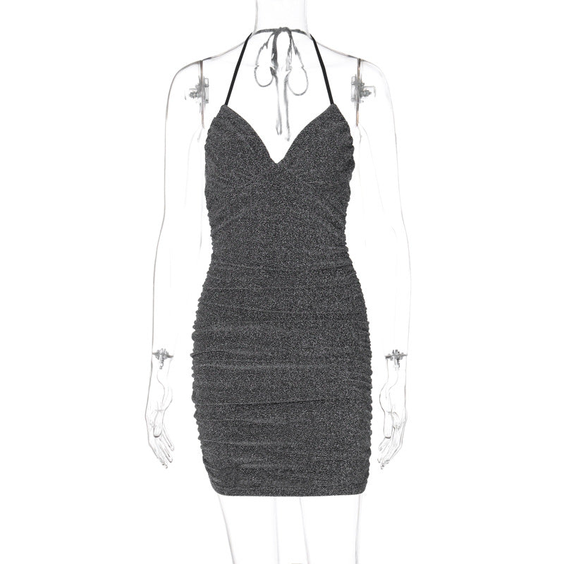 Glitter Halter Neck Ruched Bodycon Mini Party Dress